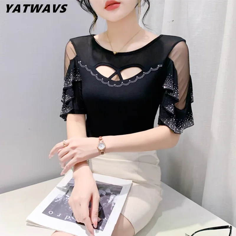 2025 Summer European Clothes Women's T-Shirt Chic Hollow Out Hot Diamonds Mesh Tees Female Transparent Short Sleeved Tops