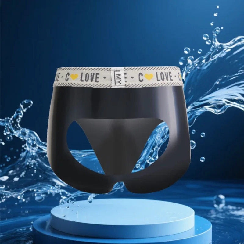 Mens Underwear Latex Rubber Low Waist Panties Open Butt Thong Lingerie Hollowed Out Tight Briefs See Through Pouch Underpants