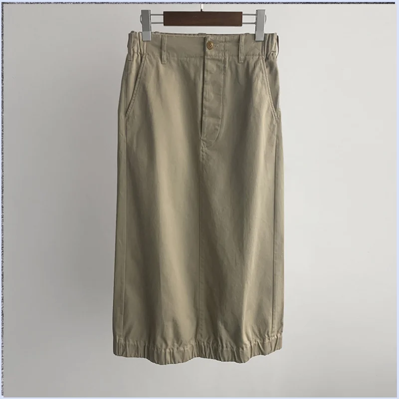 26 year early autumn new twill cotton multi pocket drawstring elastic waist buckle mid length split skirt