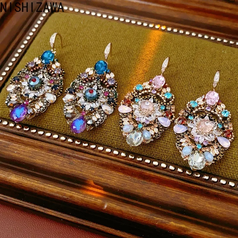 

NISHIZAWA Crystal Flowers Earrings for Women Hyperbole Colorful Rhinestones Vintage Jewelry Exquisite Elegant Aretes De Mujer
