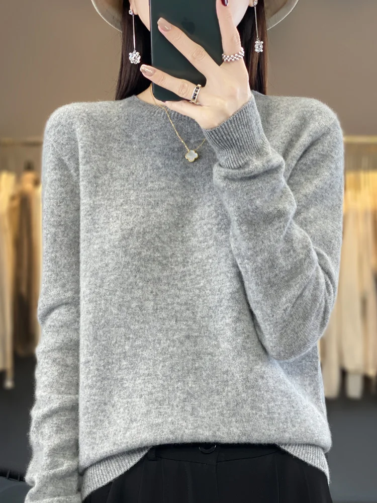 100% pure wool 2024 autumn and winter new cashmere sweater women\'s O-neck pullover fashion solid color long sleeve pullover.