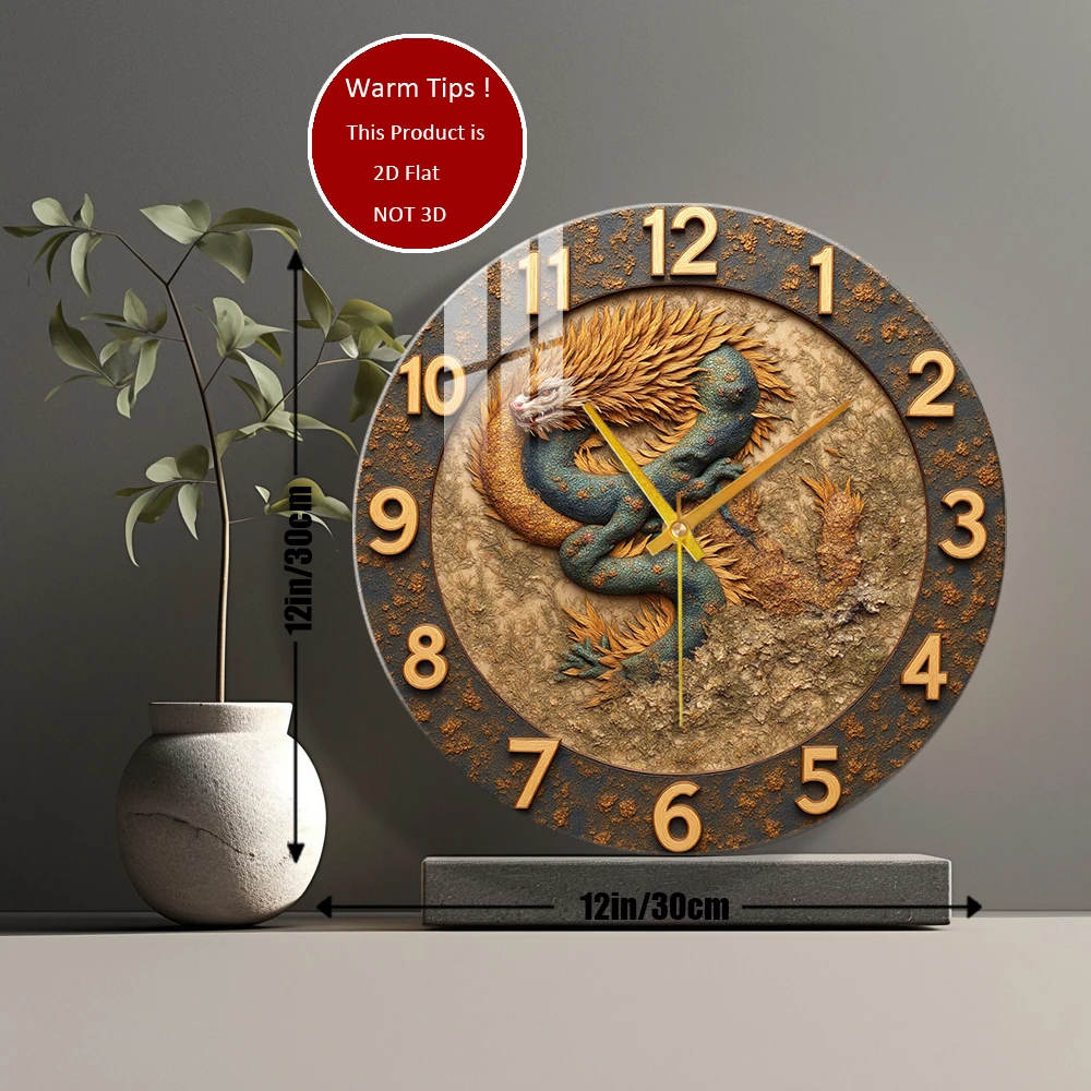 Tempered Glass Wall Clock Chinese Dragon Carving Design Suitable For Wall Decor or Tabletop Display Anywhere
