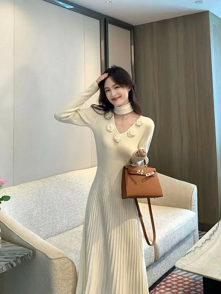 Autumn Winter Women's Knitted Dress Base Layer Sweater Dress Floor-Length Polyester Three Dimensional Flowers Shirts CQ219