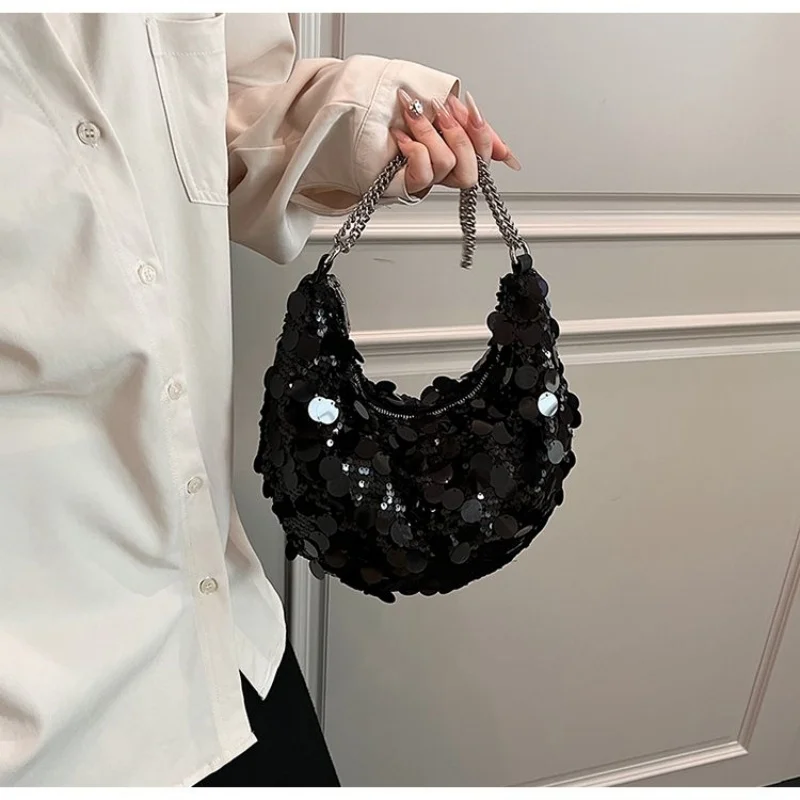 

Korean Sweet Sequined Chain Shoulder Bags Women Underarm Bag Fashion Commuter Solid Color Tote Bag Classic Bolsos All-match