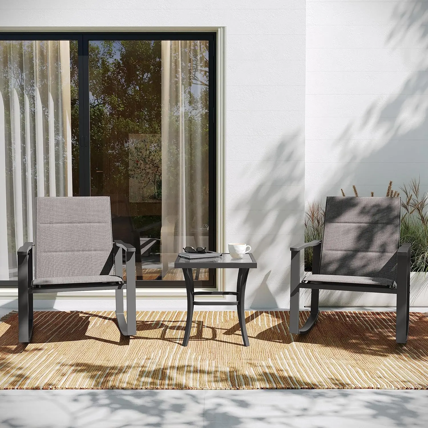 

FV-FSC-2315-GRY-GG Brazos Outdoor Rocking Chair Bistro Flex Comfort Material and Metal Framed Glass Top Table