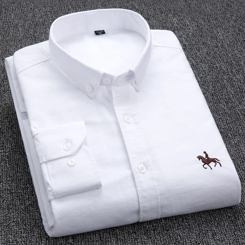 100% Cotton Oxford Shirt Men\'s Long Sleeve Embroidered Horse Casual Without Pocket Solid Yellow Dress Shirt Men Plus Size S-6XL