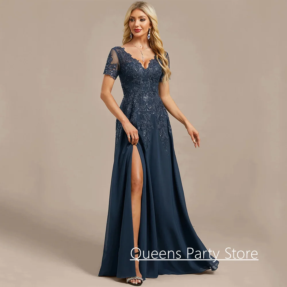 

Short Sleeves Mother of The Bride Dress Customized V Neck Sequined Lace Applique Chiffon Wedding Guest Gown Evening Dresses