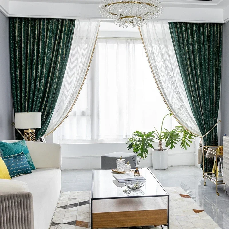 

DarkGreen Luxury Blackout Curtains for Living Dining Room Bedroom Vintage Jacquard Fabric Curtain Custom Shading Drapes Retro