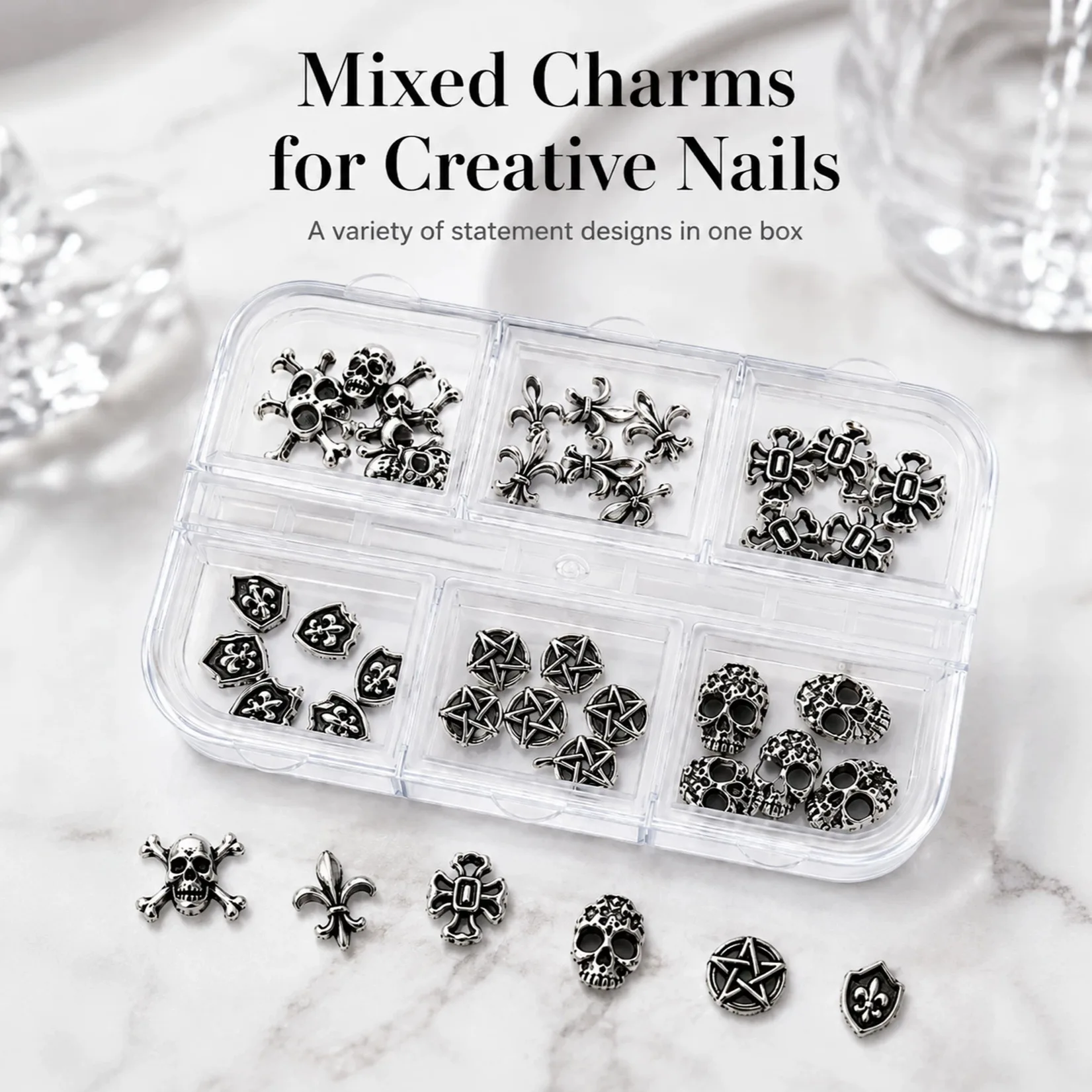 6‑Grid Box Halloween Alloy Nail Charms, Dark Skull Cross Metal DIY Nail Art Decorations