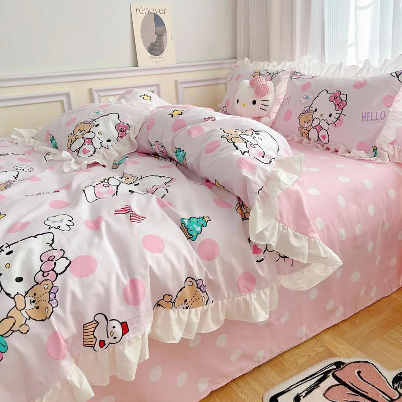 

Sanrios Hello Kitty Bedding Set Cute Cartoon Four Piece Bedding Double Pillowcase Bed Linens Dorm Bedclothes Bedroom Decor Gifts