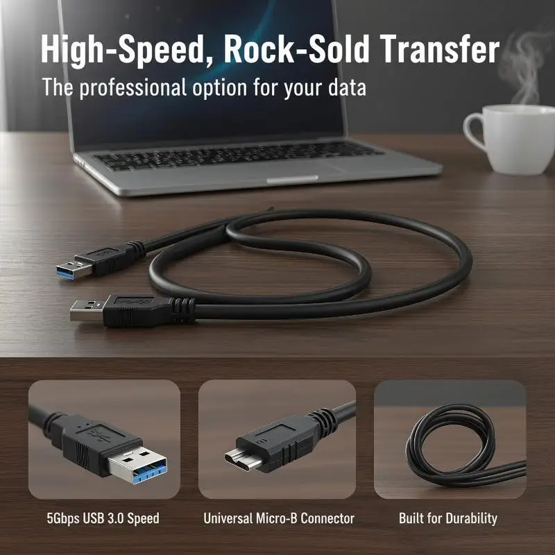 USB 3.0 A to Micro B Cable 5Gbps High Speed Transfer Cord for External Hard Drive Disk HDD SSD Office Data Transfer Use