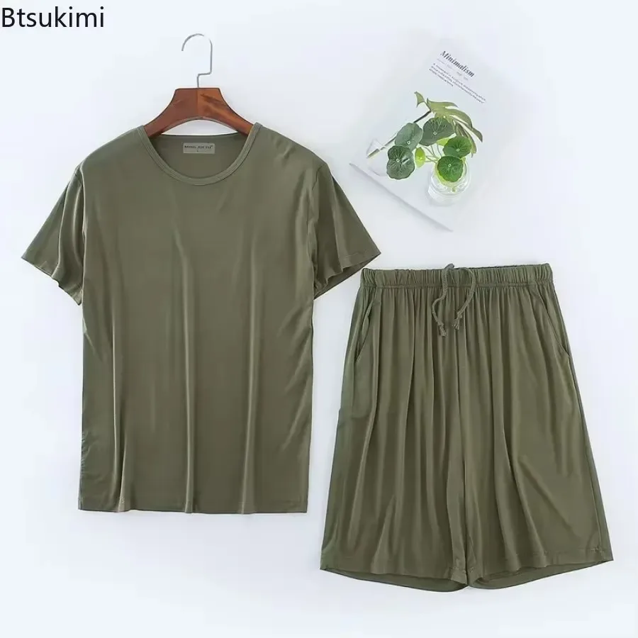 2025 Men's Summer Casual Sleepwear Sets Solid HomeWear Suits 2pcs Modal T-shirt and Shorts Oversized Summer Pajamas Male L-8XL