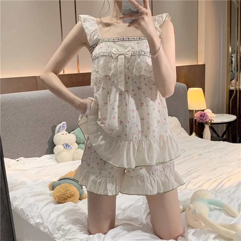 Summer Women's Pajama Set Cotton Strap Sleeveless Lace Shivering Bow Nightgown Contrasting Colors Lovely Laurie New Nightwear