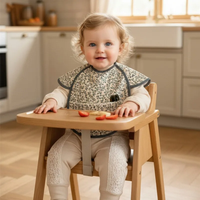 New Short Sleeves Baby Feeding Bib, Waterproof Stain Resistant Apron with Pocket, Adjustable Cartoon Print Eating Clothing