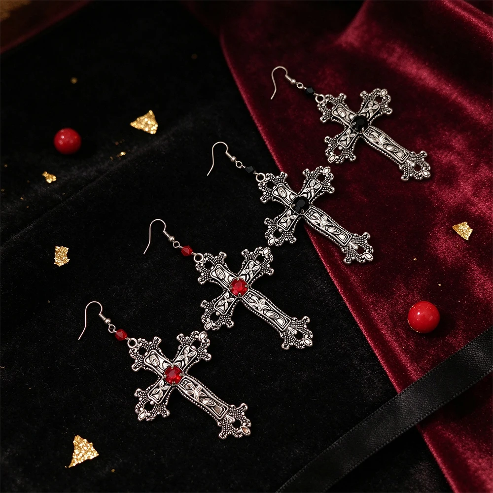 Vintage Carved Cross Earrings, Set of Two Pairs, Distressed Red and Black Rhinestone Cross Earrings, Gothic Dark Court Style Long Earrings