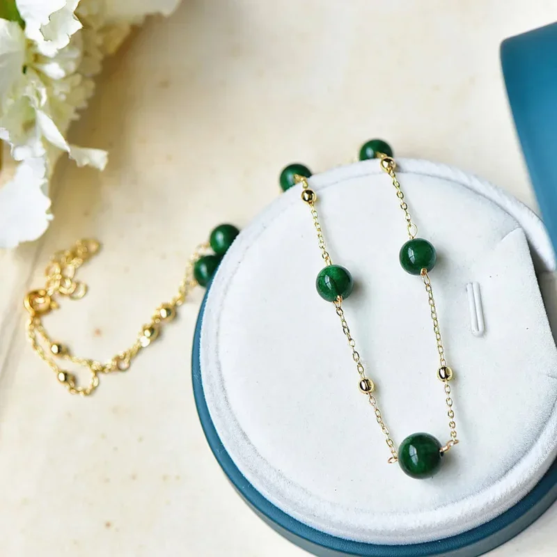 Natuurlijke Groene Jade Ronde Kralen Ketting Voor Vrouwen 14K Goud Gevulde Sleutelbeen Ketting Retro Charme Elegante Gelukssieraden