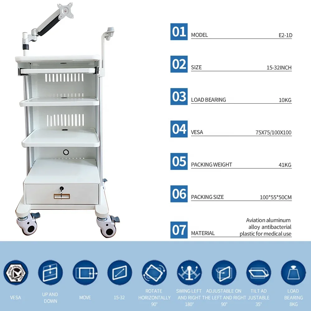 Hot Sale ABS Plastic Hospital Mobile Workstation Cart  Mount 4-layers Storage Platform Medical Endoscope Trolley