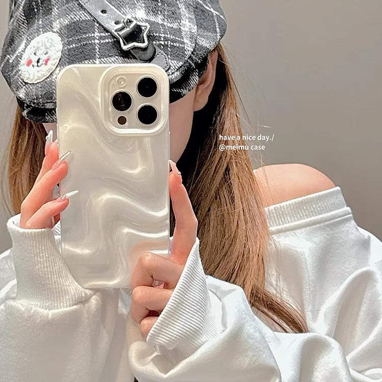 Premium Feeling iPhone11pro Pearl White iPhone13 Stereoscopic Water Ripple iPhone15promax Case iPhone14 Anti-Shock iPhone12