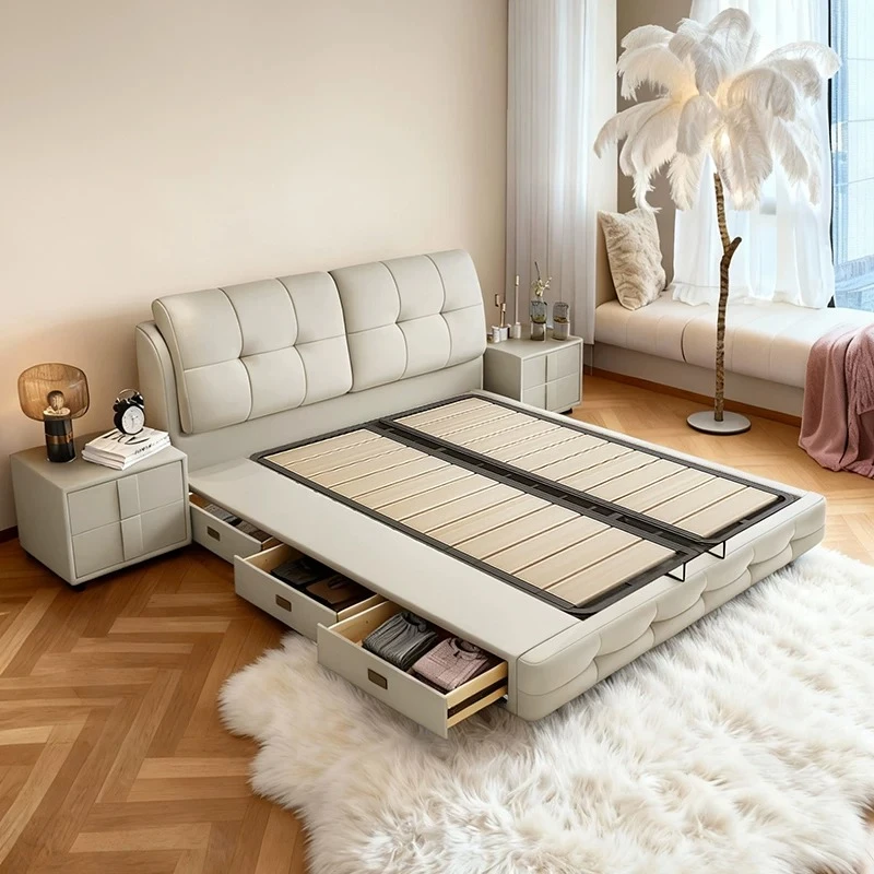 m*-Dual Block Grid Tufted Full Padded Platform Bed All Wrapped Integrated Soft Sleeping Frame For Master Bedroom Villa Apartment