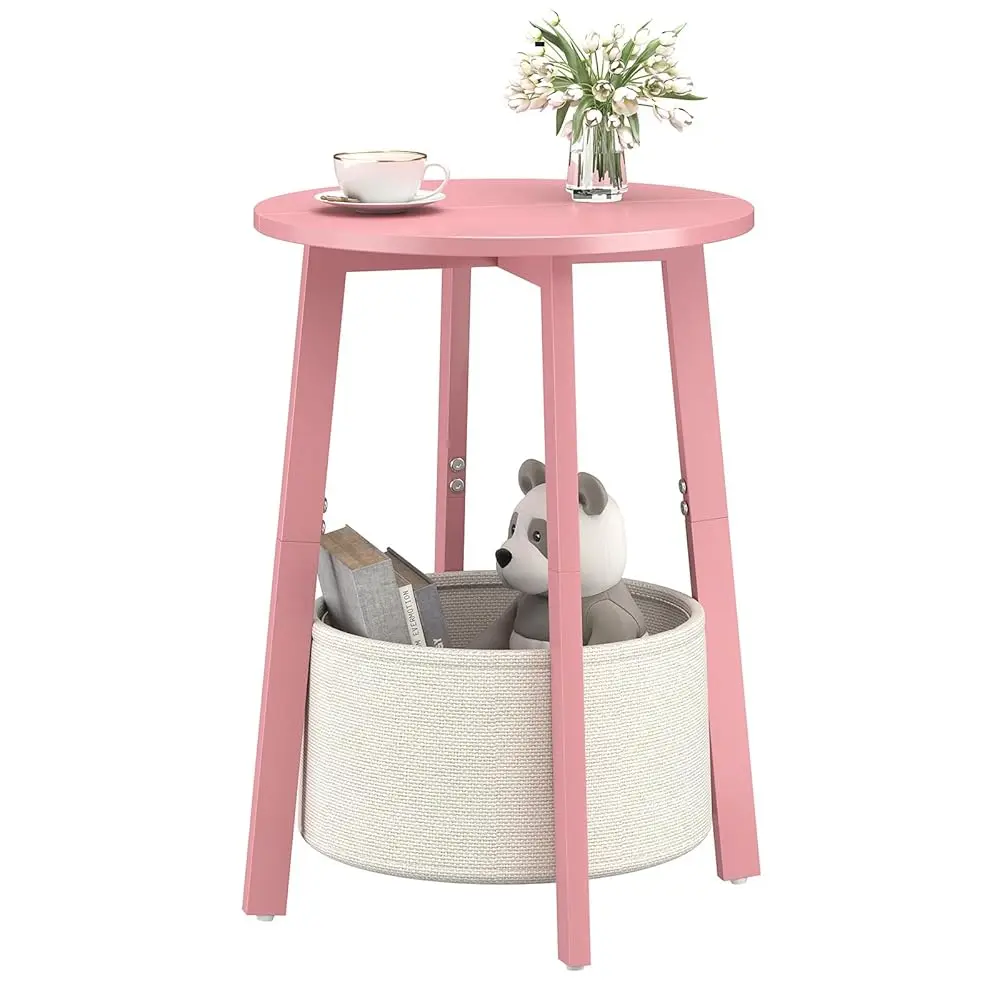 

Small Round Side End Table with Cloth Storage Basket, Round Bedside Sofa Couch Coffee Tables for Small Places with Metal Fra
