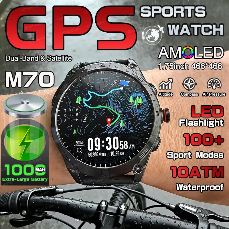 2026 Outdoors Military GPS Smart Watch 1.75” Screen 1000mAh Battery 10ATM Waterproof LED Flashlight Compass HD Call Sport Watch