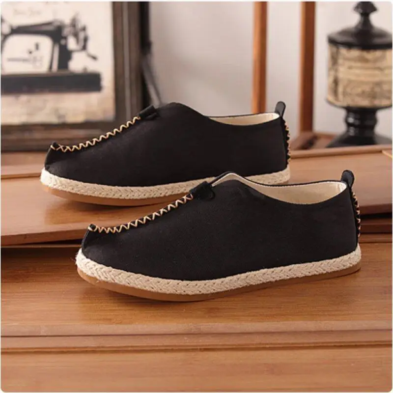 

Men's Flax Canvas Shoes Retro Beijing Style Grass Woven Zen Monastic Low Top Slip-On Flat Heel Lightweight All Season Shoes