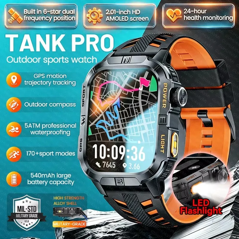 

Новые умные часы TANK GPS для активного отдыха, компас, фонарик, водонепроницаемость 5ATM, 540 мАч, спортивные смарт-часы для мужчин, для Android и IOS, с функцией Bluetooth-звонков