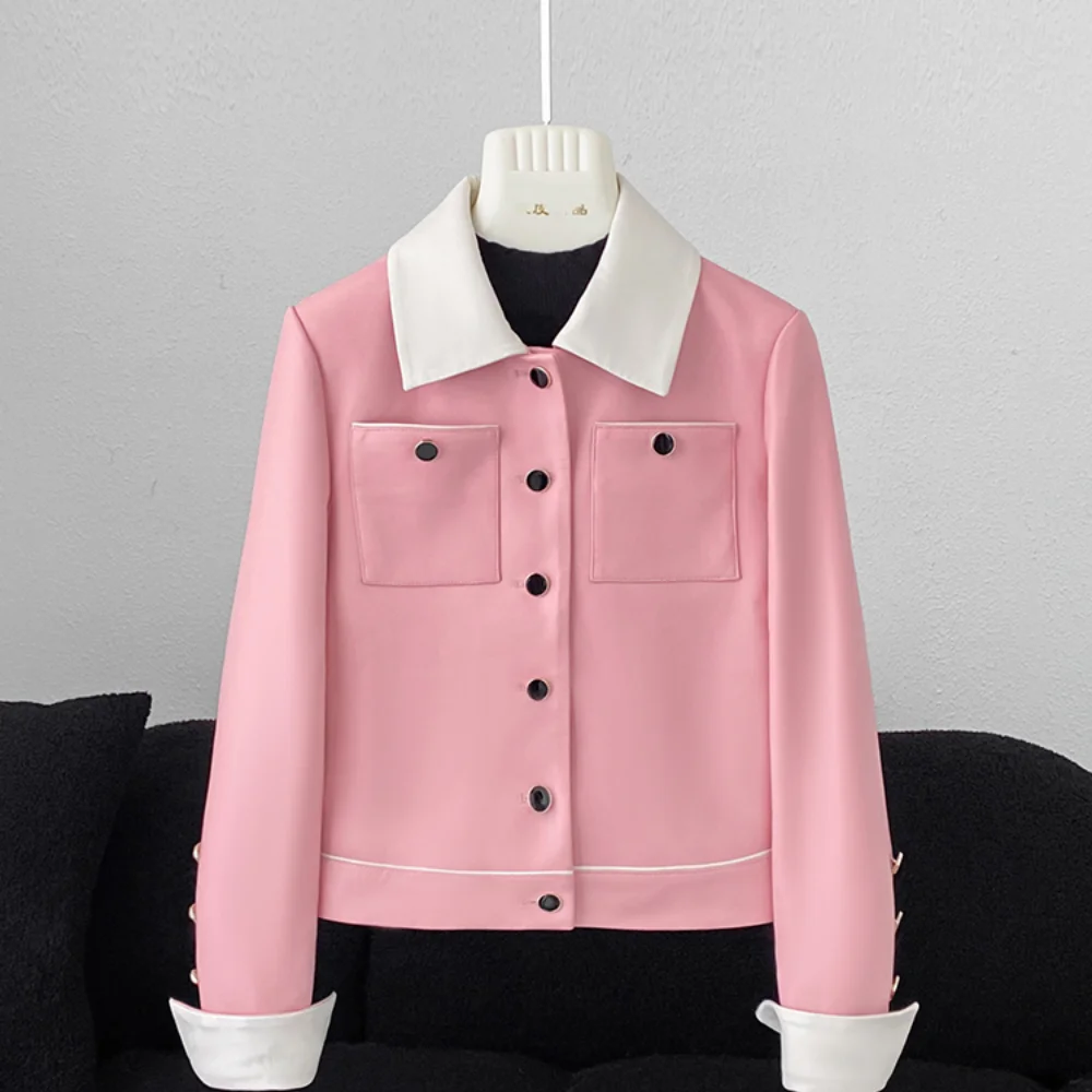 سترة نسائية من الجلد الطبيعي قصيرة للربيع والخريف وطية صدر فنية بقصة ضيقة من جلد الخراف وجيوب واحدة باللون الوردي #1