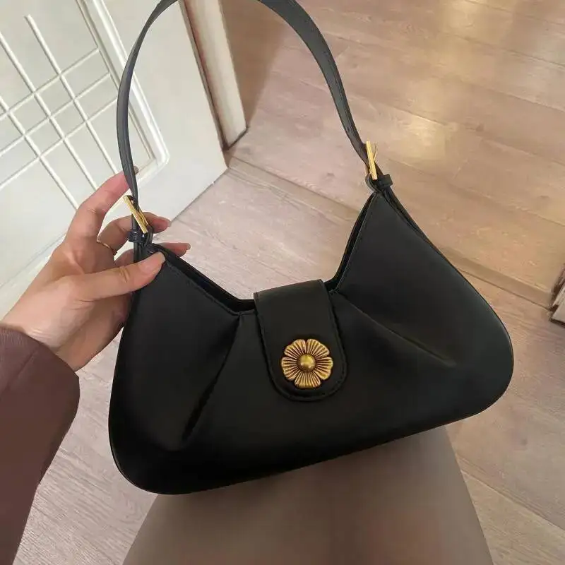 Retro Floral Handbag Women Leather Wrinkled Crescent Underarm Ladies Fashion Minimalist Commute Versatile Baguette Bag 2025