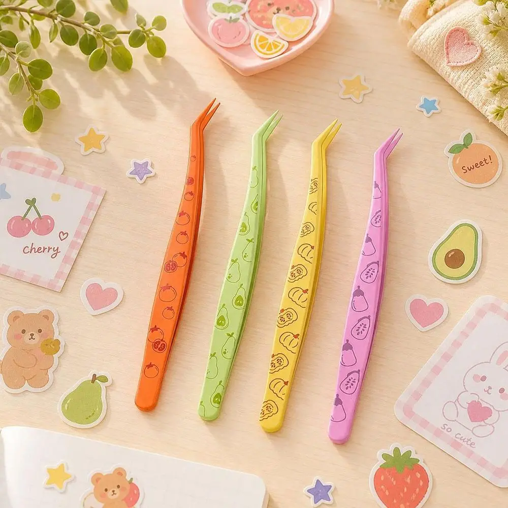 Stainless Steel Curved Stickers Tweezers Anti-static With Leather Case Lashes Extension Tweezer Cartoon Fruits High Precision