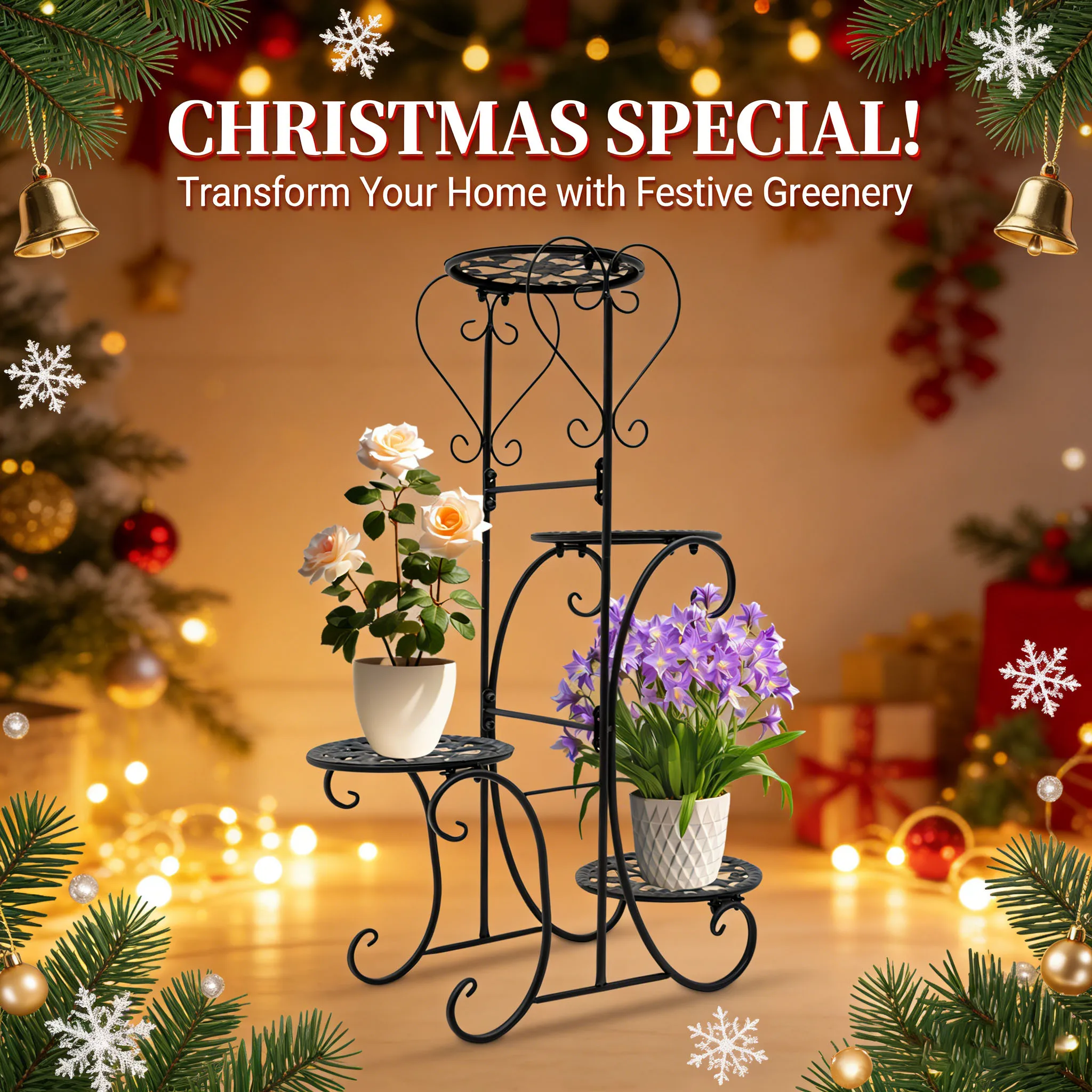 

Подставка для растений, четырехгоршевая круглая подставка для цветов, черный металлический уличный садовый держатель для растений, компактный органайзер для цветочных горшков 50x22x82