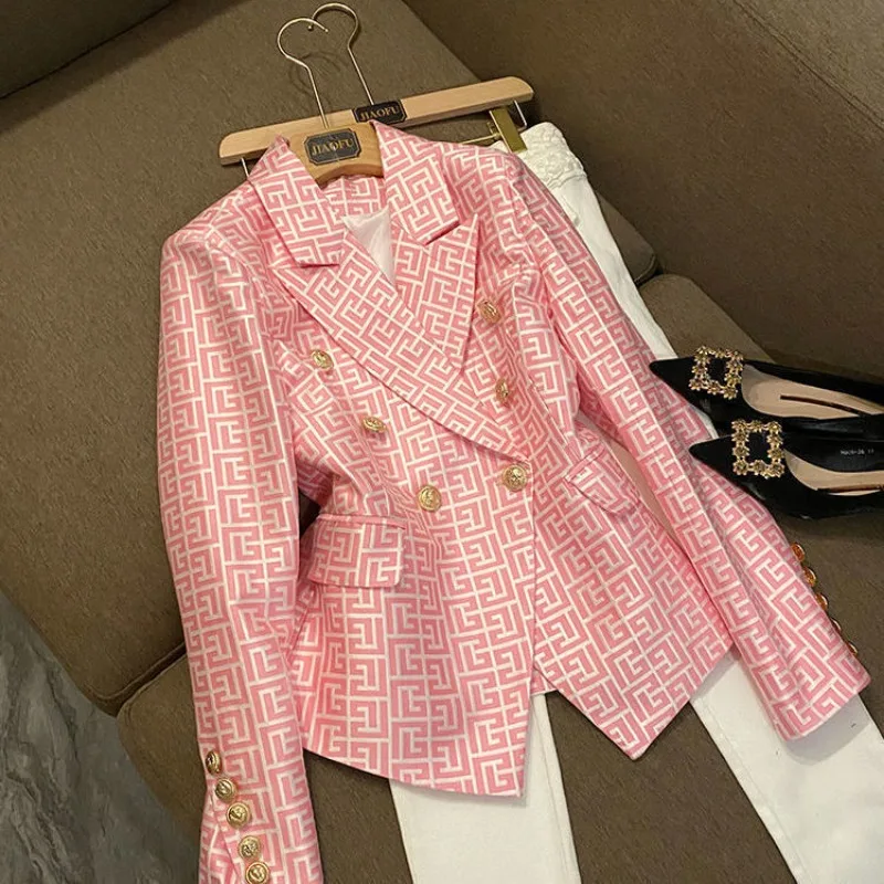 

New Fashionable Double Breasted Pink Geometric Jacquard Slim Fit Blazer