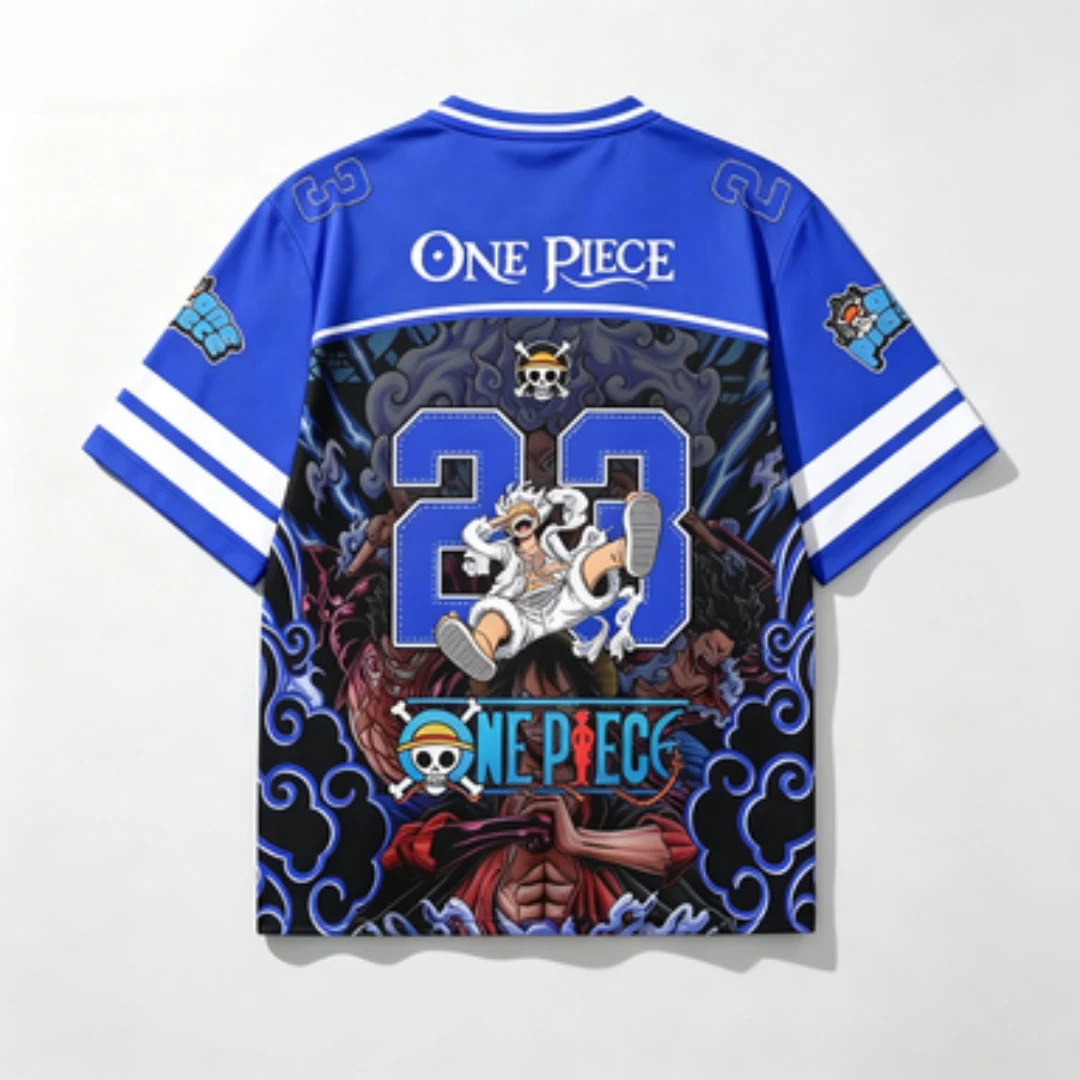 Luffy Equipment 5 Printed Mesh Sports Shirt, Quick Drying V-neck Anime T-shirt, Multi Character Cloud Thunder Pattern Sports Top