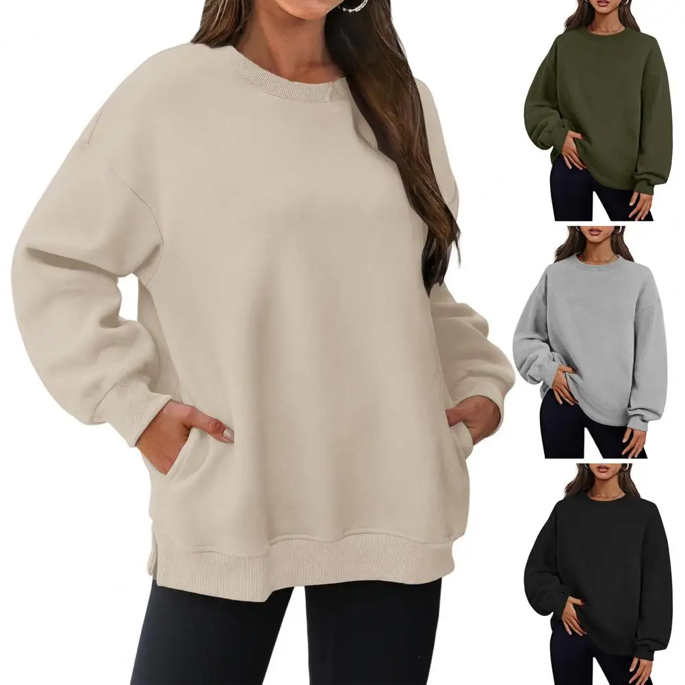 Fall Winter Women Sweatshirt Plush Round Neck Loose Split Hem Pockets Pullover Mid Length Warm Sport Daily Wear Top 여성용 운동복