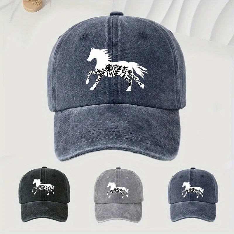 Floral Horse Graphic Baseball Cap Vintage Washed Cotton Adjustable Unisex Hat for Outdoor Activities