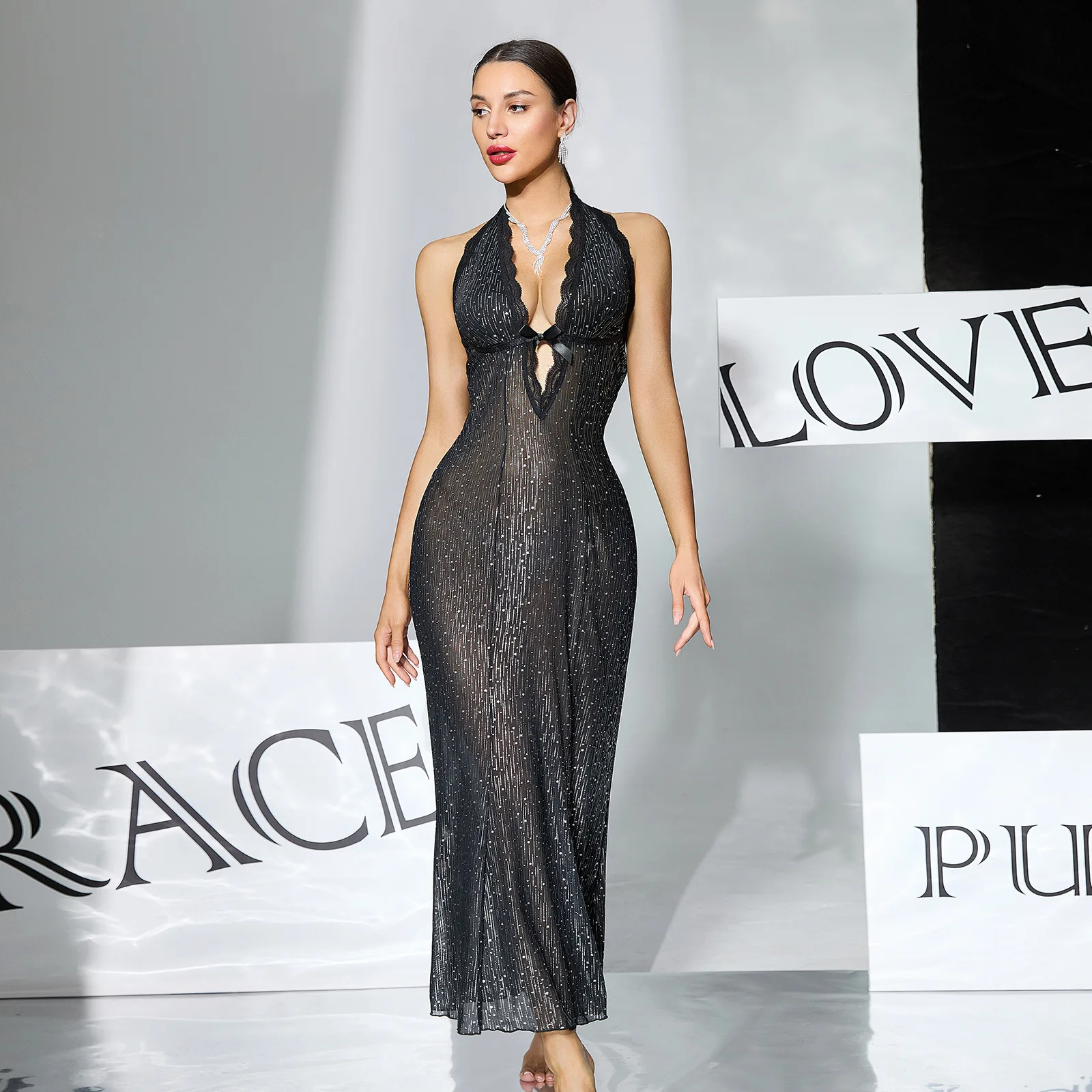 Foreign Trade Black Glitter See-through Dress Long Skirt Halterneck Deep V Open Back Slim Fishtail Sexy Nightdress CW24283