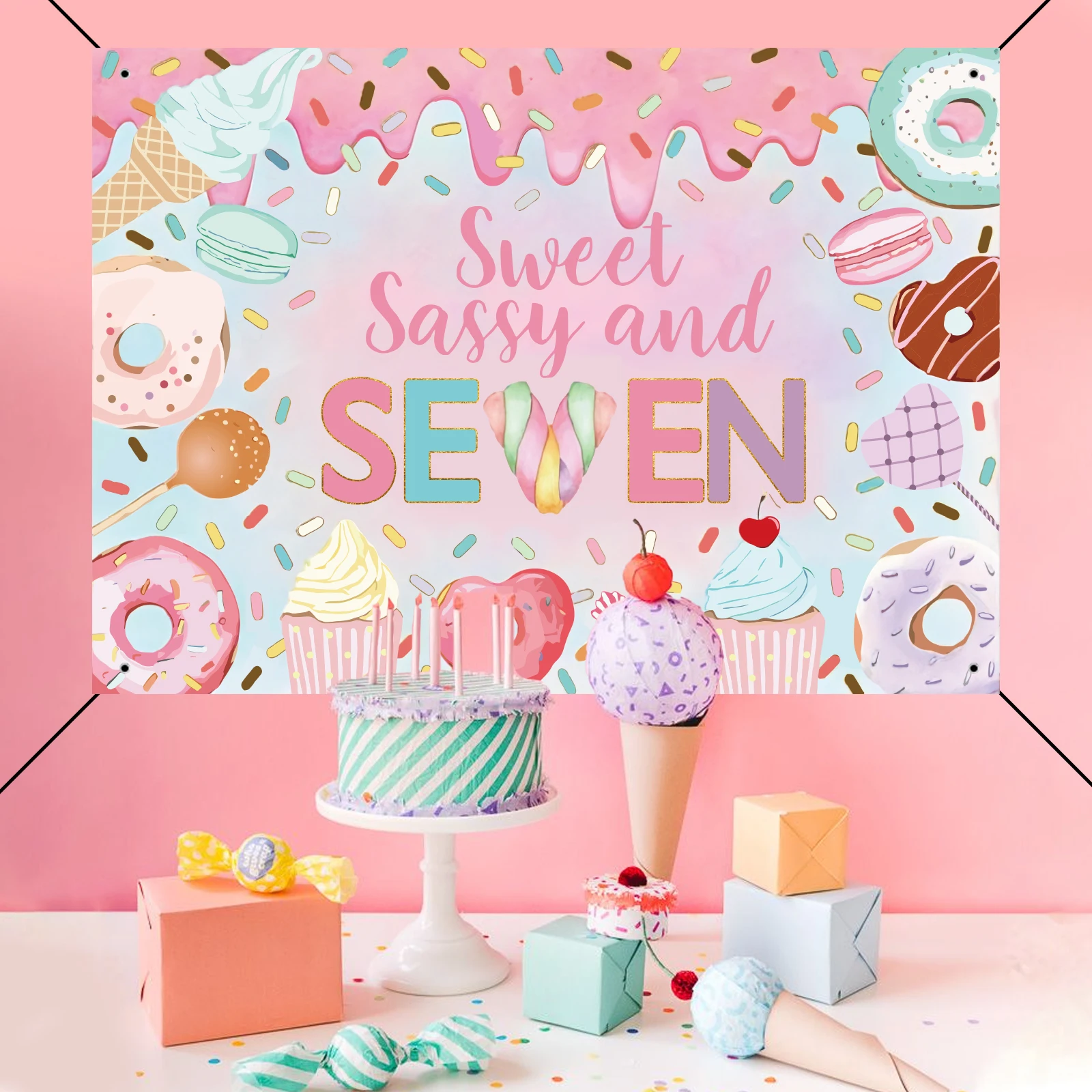لافتة وردية خلفية لزينة حفلات أعياد الميلاد ، ساسي حلو ، دونات 7 ، دونات 7