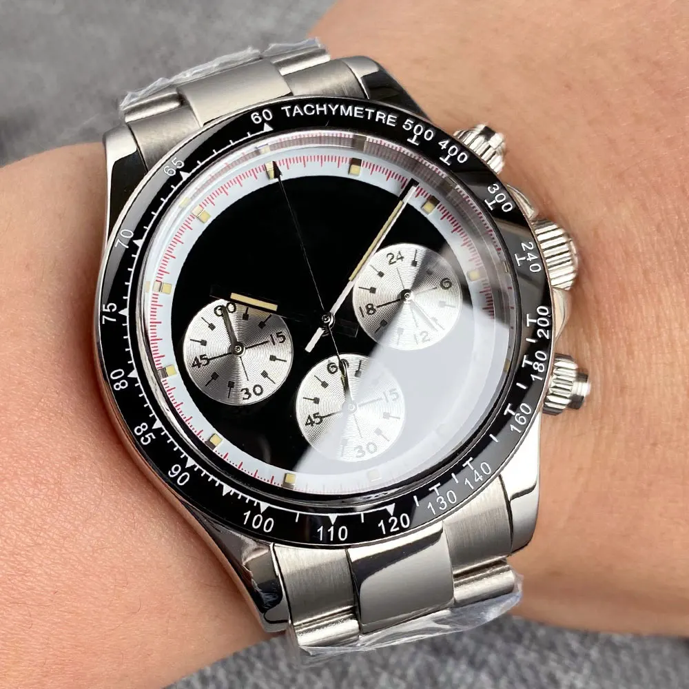 Tandorio Chronograph ควอตซ์นาฬิกาดําน้ํา 38 มม.Sapphire VK63 การเคลื่อนไหวนาฬิกาจับเวลาสีดําสีขาวสายสแตนเลส Montre Homme