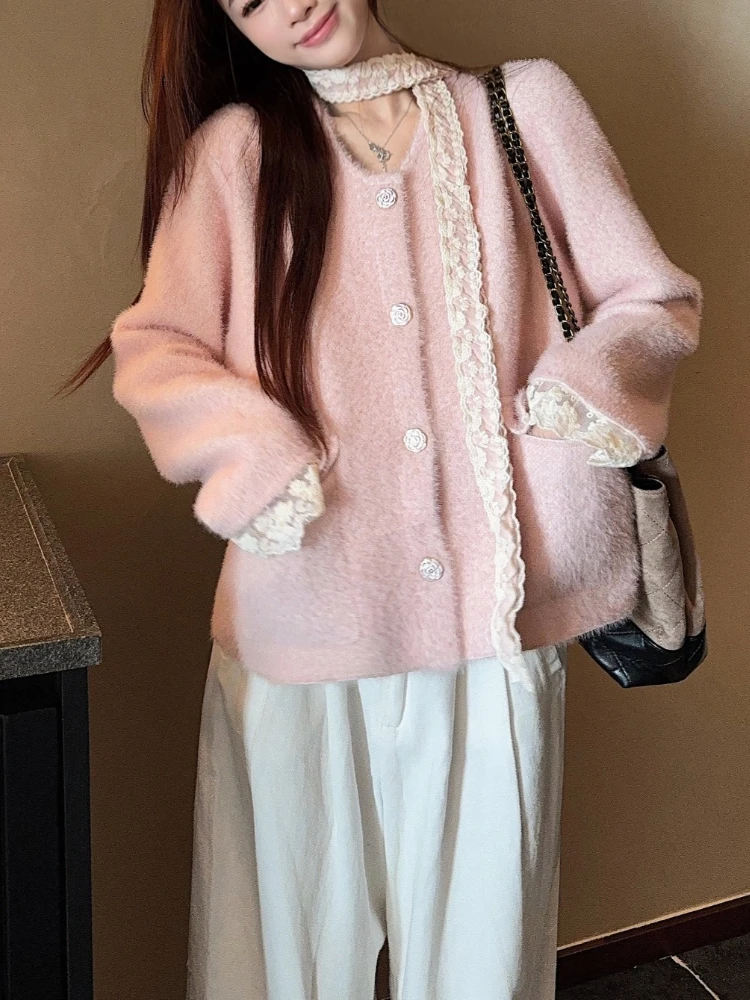 الحلو الوردي سترة سترة المرأة الخريف فضفاضة تناسب طويلة الأكمام الدانتيل تقليم زر حتى معطف أنيق لينة عادية ريترو شيك الزي