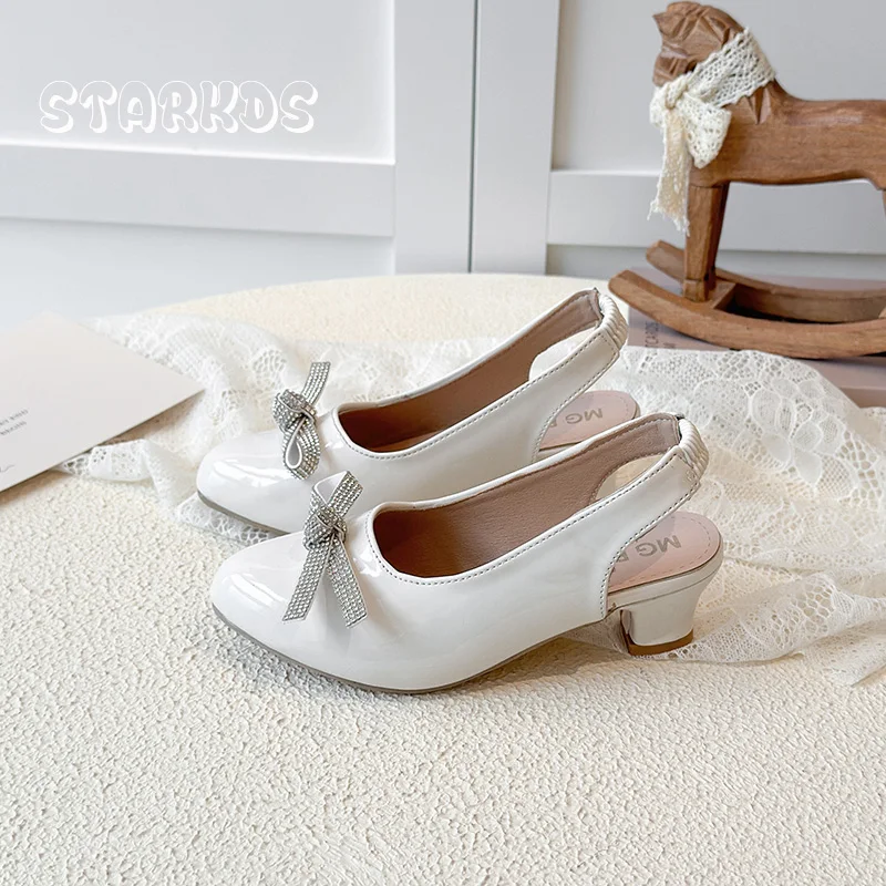 Mid-Heel Pump Shoe Kid Girl Elegant Point Toe Rhinestone Bowknot Design Slingback Shoe Child Patent Leather Party Dress Zapatos