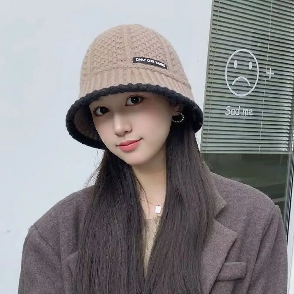 Polyester Fiber Knitted Bucket Hat Windproof Warm Women Fisherman Hat Solid Color Korean Style Wool Basin Cap Shopping Travel