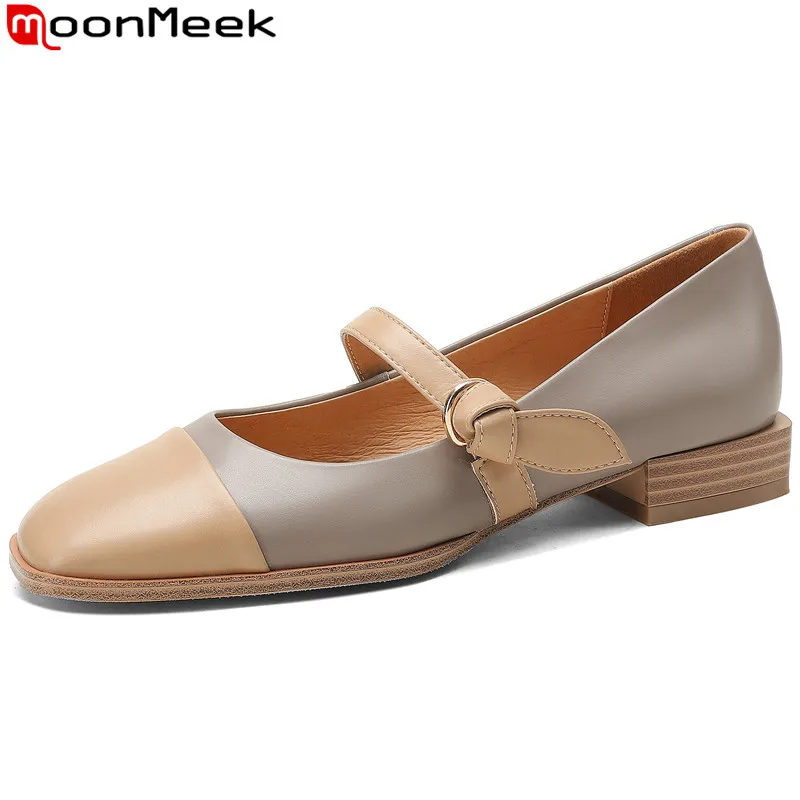 

MoonMeek 2023 New Mixed Colors Ladies Square Low Heels Pumps Mary Janes Genuine Leather Single Shoes Square Toe Dress Shoes