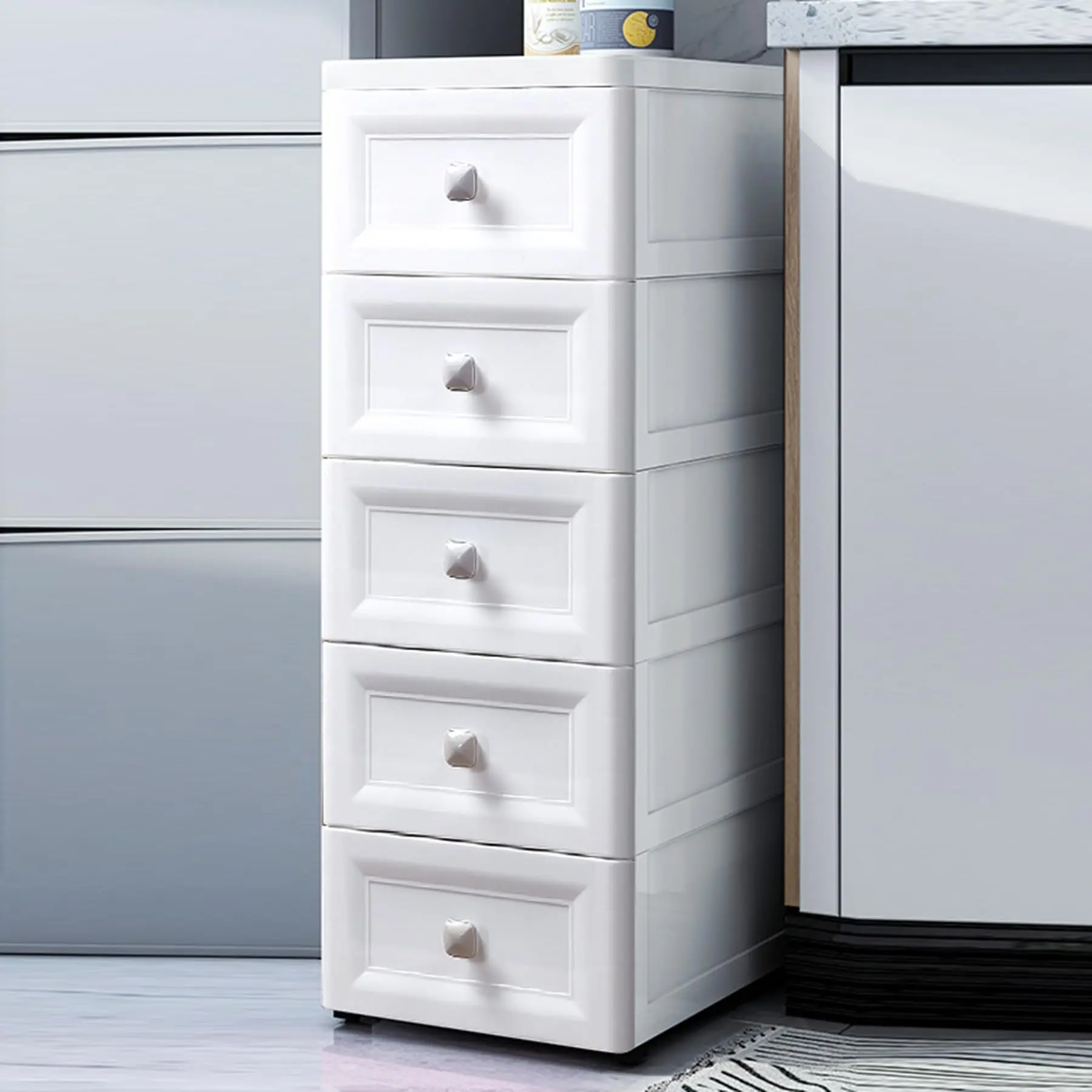 

5-层 Storage Cart, Narrow Plastic Dresser with Drawers with Square Handle, Slim Bathroom Floor Cabinet for Small Sapce, Bedroom,