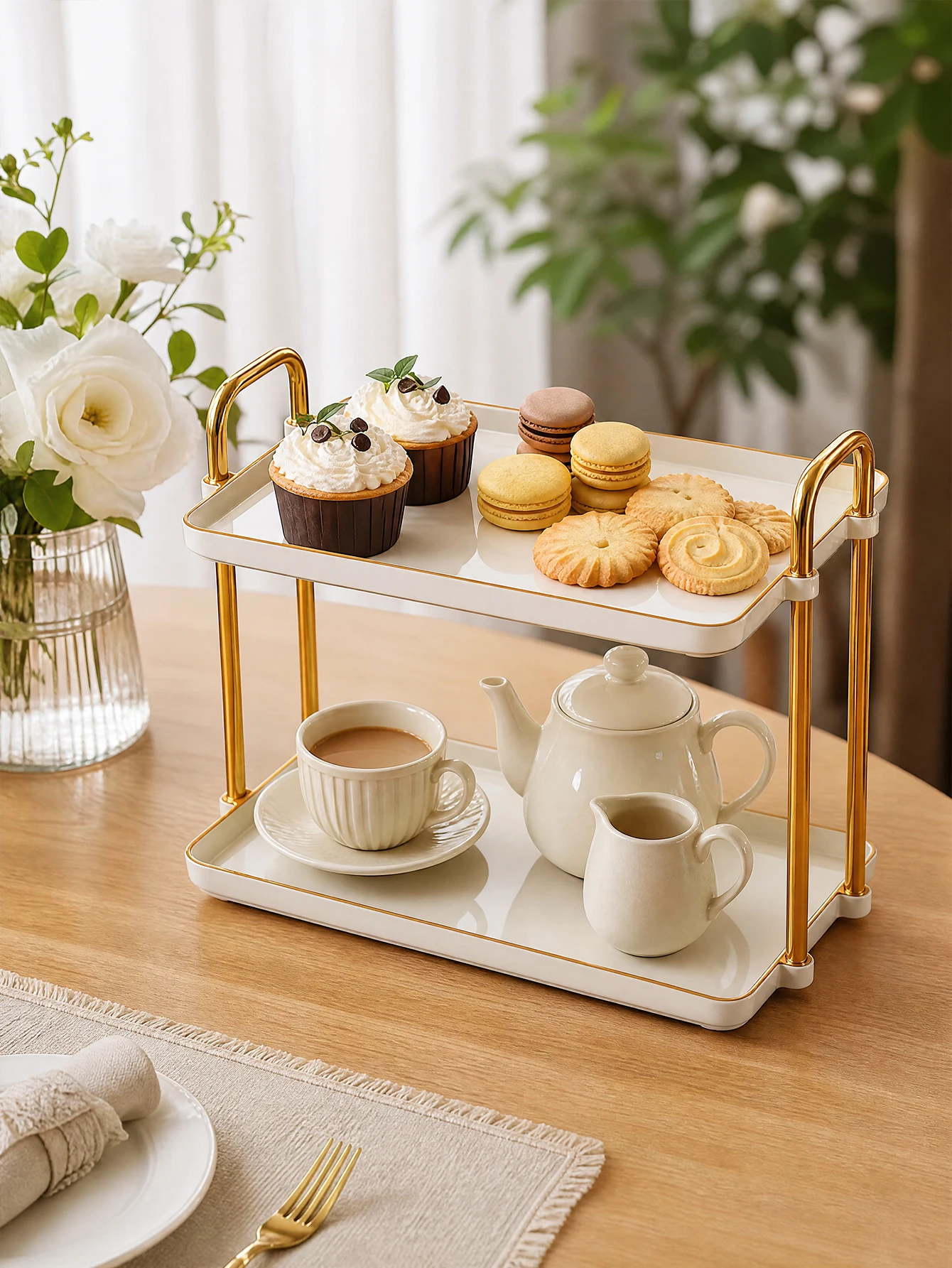Two-Tier Tray Decor for Fall & Weddings, Food Display Stand for Desserts, Adjustable Serving Tray for Kitchen, Dining Table, Party, Cake Stand. Modern Luxury Design with Handle. Soporte para Pastel.