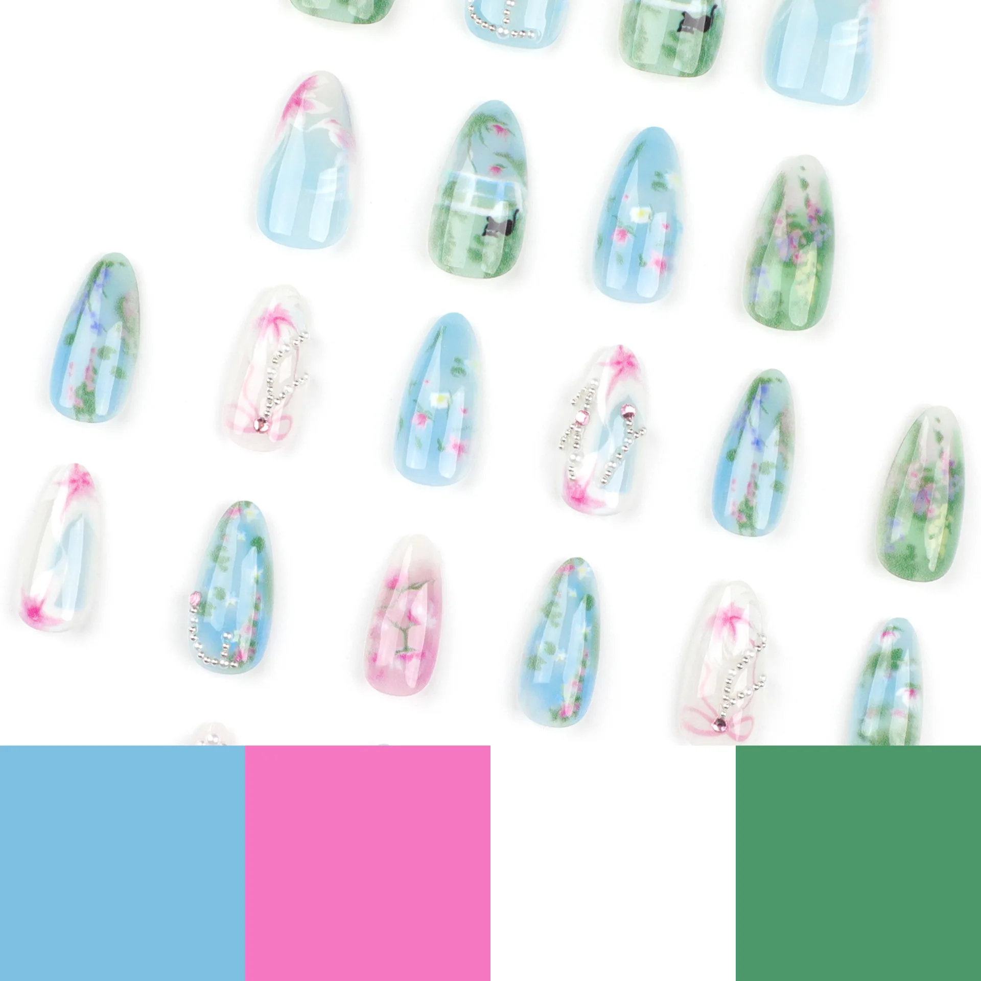 24pcs Long Almond Y2k Nails Press On Nails Pastoral Style False Nails With Designs Wearable Colorful Flowers Fake Nails Finished