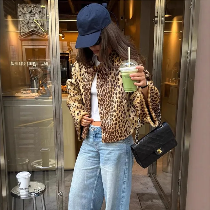 Mode Chic imprimé léopard manteaux veste courte col rond 2025 automne hiver décontracté rue trajet chaud vêtements d'extérieur amples femme