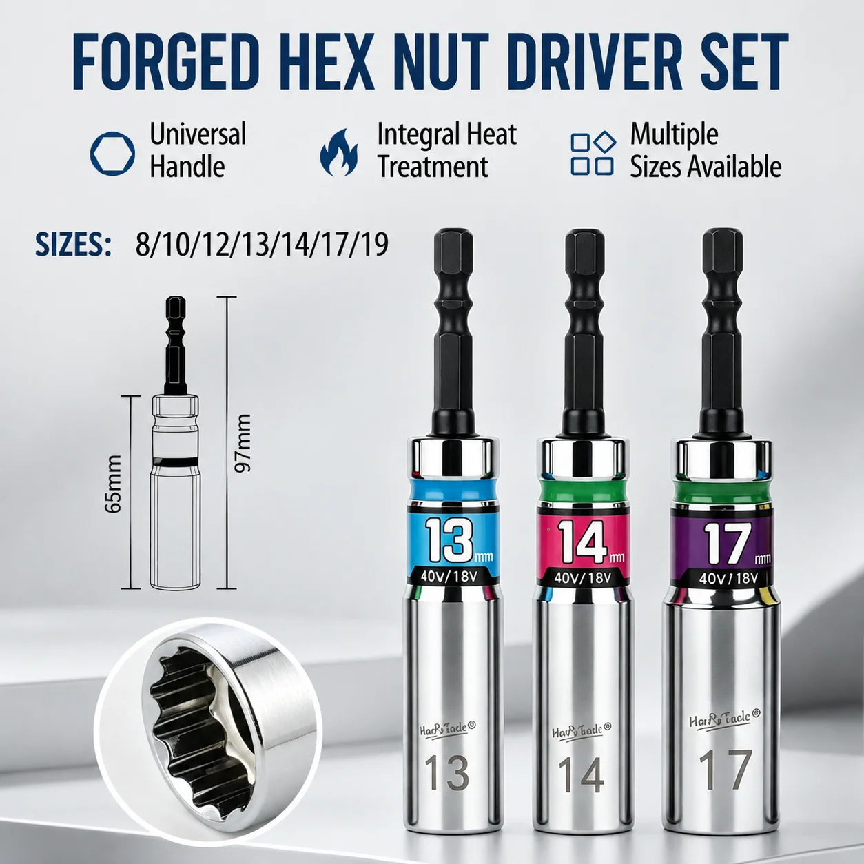 Hex Nut Driver Socket Set 8mm-19mm Forged Alloy Steel Chrome Finish Impact Drill Bits
