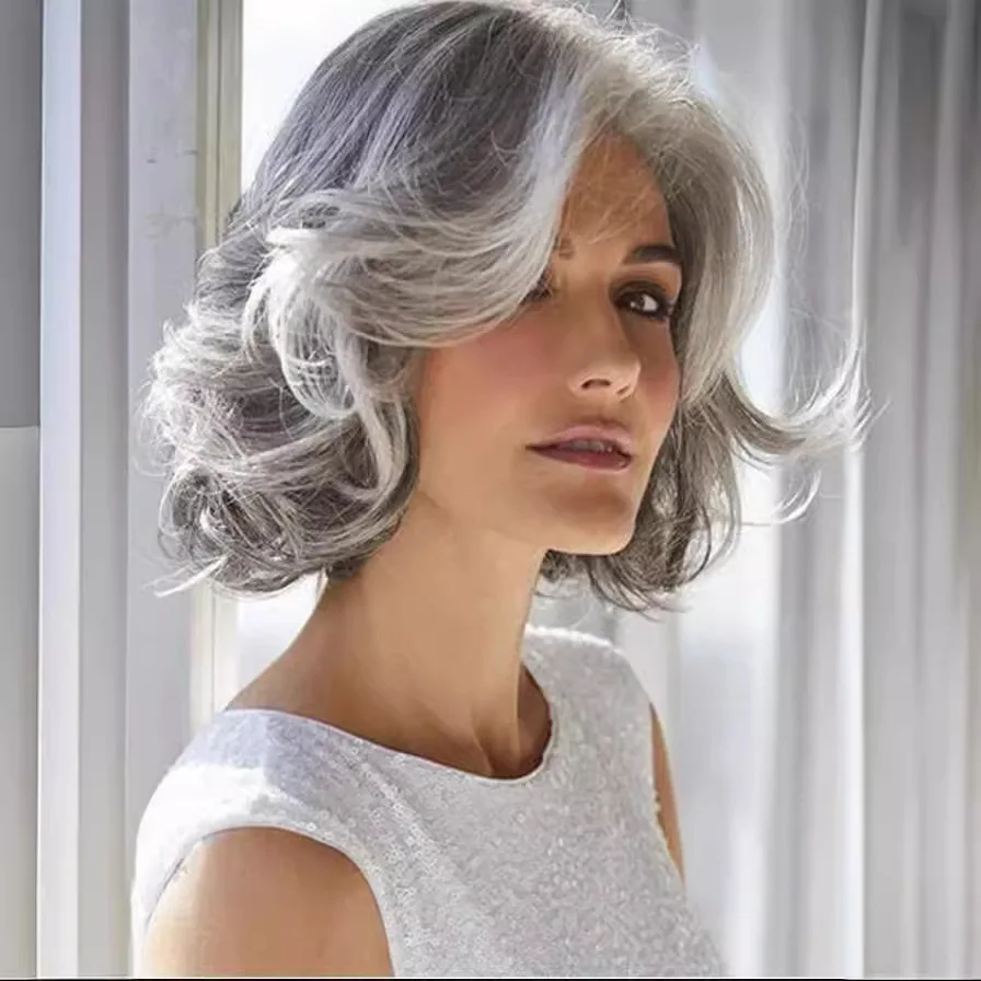 Middle and old aged Short curly hair Silver gray short hair Chemical fiber fluffy lifelike Mid-point Wig cover Women's Wig