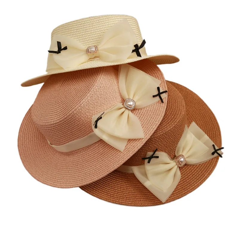 Straw Hat Women's Summer Sun Protection Straw Sun Hat Classic Style Pearl Bow Flat Top Vacation Beach Seaside Sunhat