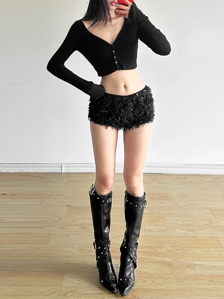 Sequined Booty Shorts For Women Streetwear Low Rise Y2k Clothes Short Pants Women Clothing Black Pantalones Cortos De Mujer
